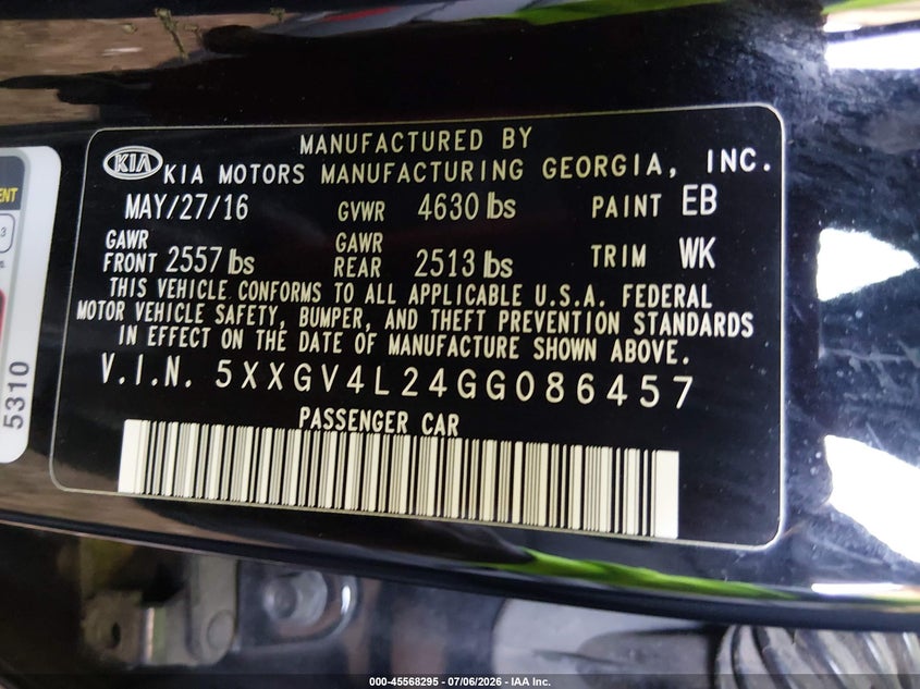 2016 Kia Optima VIN 5XXGV4L24GG086457 IAAI salvage auction — NORMAL WEAR, Salvage Title, sold $2,050 on 2026-07-21 (photo 9)