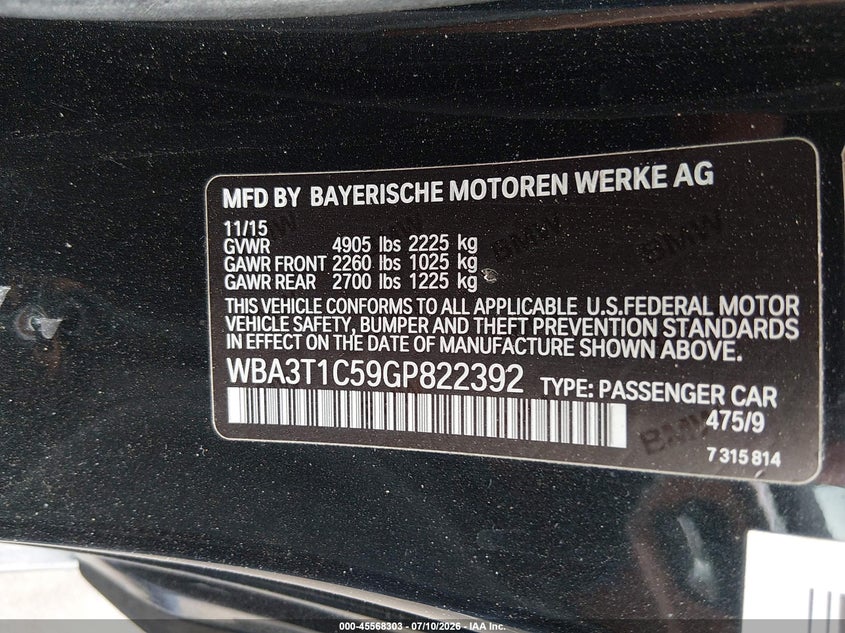 2016 BMW 4er VIN WBA3T1C59GP822392 IAAI salvage auction — REAR END, Salvage (North Carolina), sold $5,950 on 2026-08-12 (photo 9)