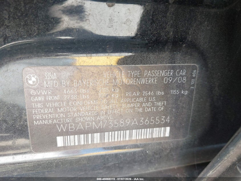 2009 BMW 3 series VIN WBAPM73589A365534 IAAI salvage auction — NORMAL WEAR, Clear - Dealer Only (California), sold $1,750 on 2026-07-16 (photo 9)