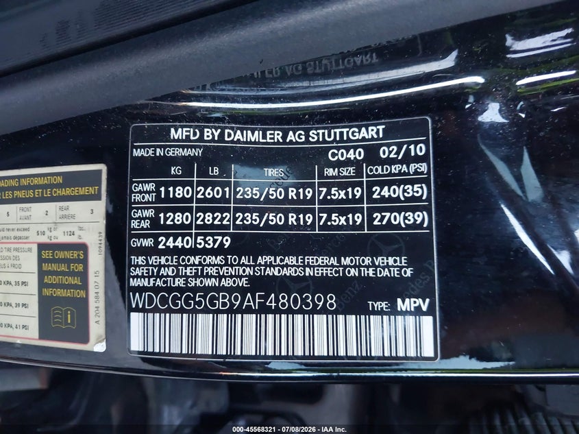 2010 Mercedes-benz Glk-klasse VIN WDCGG5GB9AF480398 IAAI salvage auction — FRONT END, Salvage (Georgia), sold $800 on 2026-08-20 (photo 9)