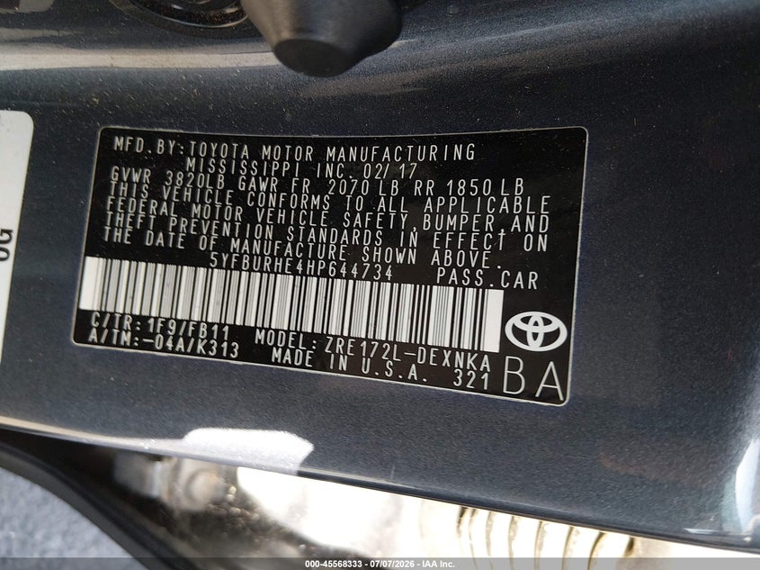 2017 Toyota Corolla VIN 5YFBURHE4HP644734 IAAI salvage auction — FRONT END, Non-Repairable (California), sold $1,250 on 2026-07-30 (photo 9)