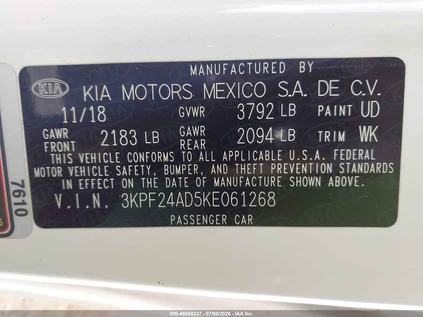 2019 Kia Forte VIN 3KPF24AD5KE061268 IAAI salvage auction — FRONT & REAR, Original (Texas), sold $1,950 on 2026-09-15 (photo 9)