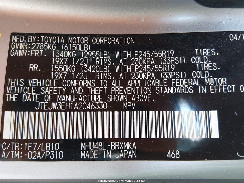 2010 Toyota Highlander VIN JTEJW3EH1A2046330 IAAI salvage auction — FRONT END, Salvage (Missouri), sold $1,450 on 2026-08-01 (photo 9)