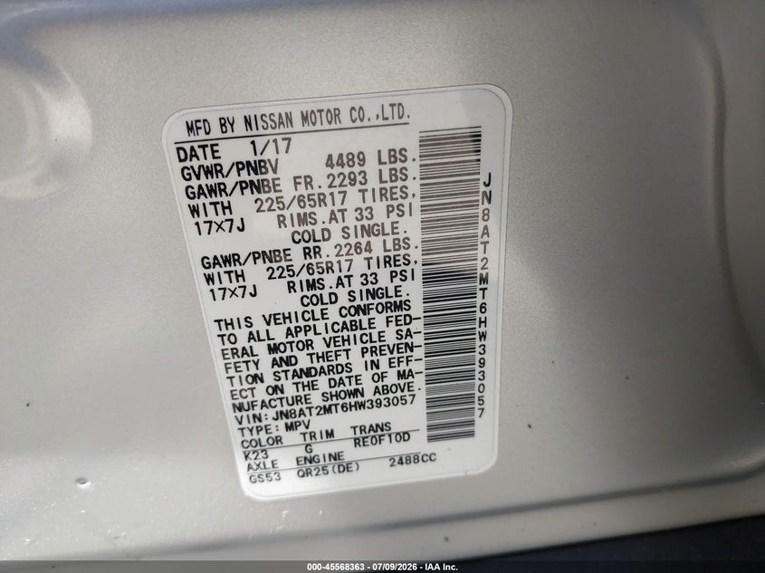 2017 Nissan Rogue VIN JN8AT2MT6HW393057 IAAI salvage auction — FRONT END, Salvage (California), sold $1,075 on 2026-07-28 (photo 9)