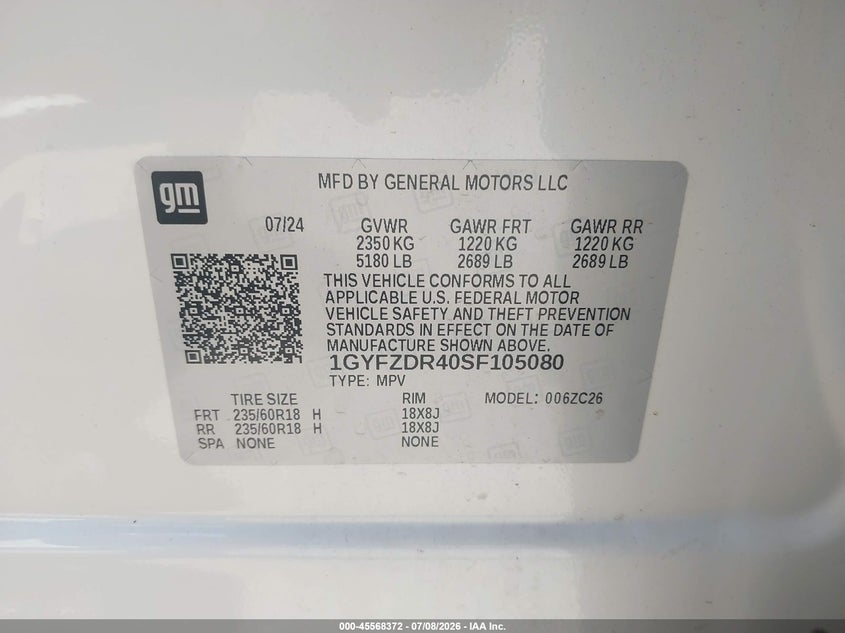 2025 Cadillac Xt4 VIN 1GYFZDR40SF105080 IAAI salvage auction — FRONT END, Salvage (Ohio), sold $8,600 on 2026-07-31 (photo 9)