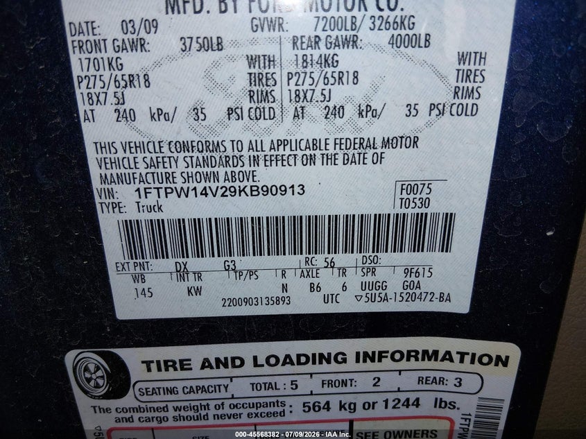 2009 Ford F-150 VIN 1FTPW14V29KB90913 IAAI salvage auction — FRONT END, Salvage (Idaho), sold $1,300 on 2026-07-31 (photo 9)
