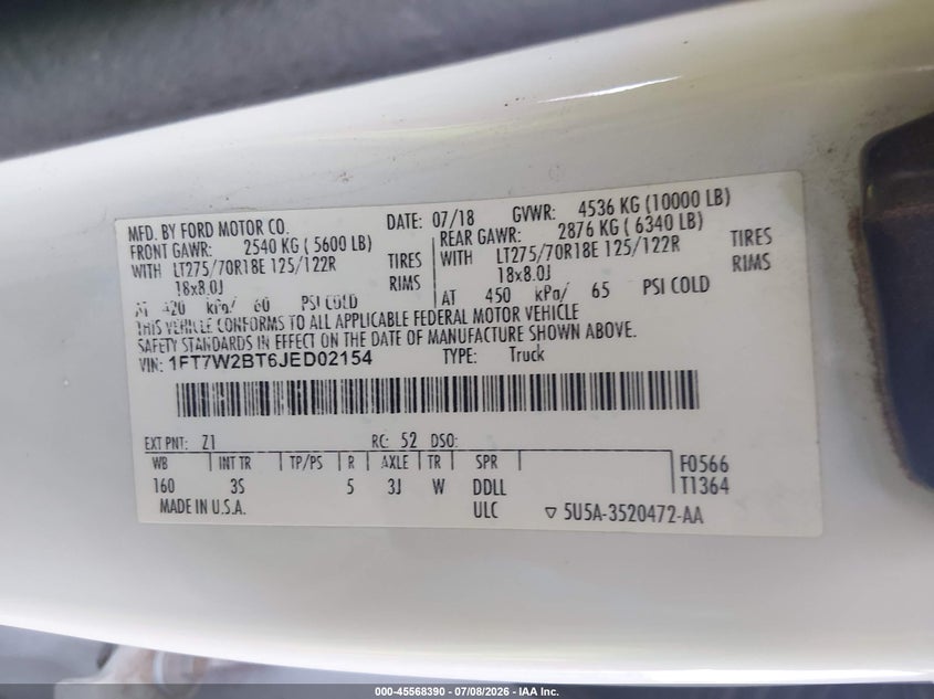 2018 Ford F250 VIN 1FT7W2BT6JED02154 IAAI salvage auction — REAR END, Salvage (Arizona), sold $8,100 on 2026-07-28 (photo 9)