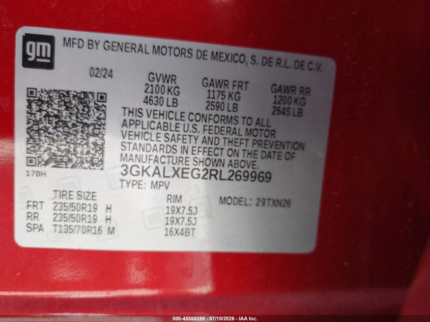 2024 Gmc Terrain VIN 3GKALXEG2RL269969 IAAI salvage auction — HAIL, Salvage Title, sold $13,550 on 2026-08-20 (photo 9)