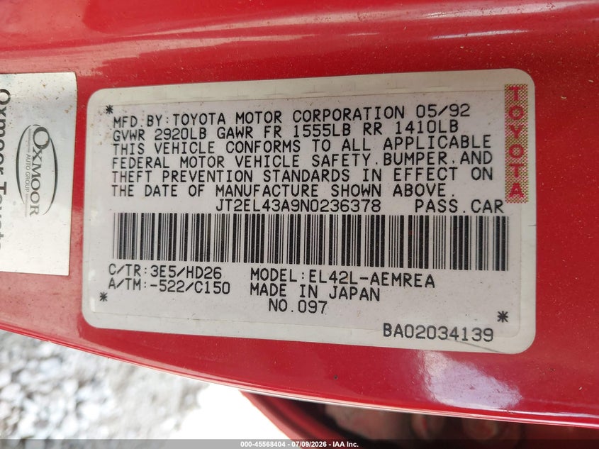 1992 Toyota Tercel VIN JT2EL43A9N0236378 IAAI salvage auction — NORMAL WEAR, Original (Kentucky), sold $50 on 2026-07-29 (photo 9)