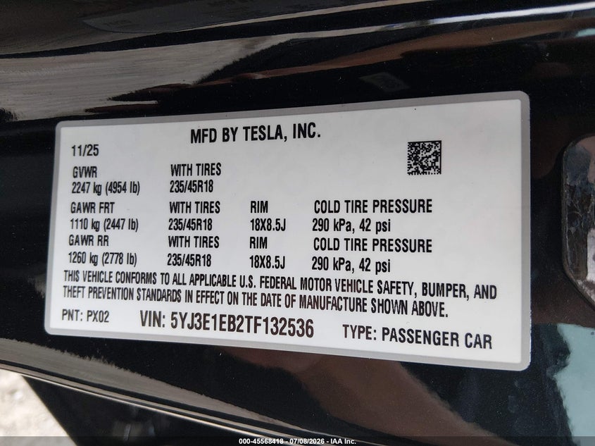 2026 Tesla Model 3 VIN 5YJ3E1EB2TF132536 IAAI salvage auction — REAR END, Bill Of Sale (Washington), sold $21,200 on 2026-07-17 (photo 9)