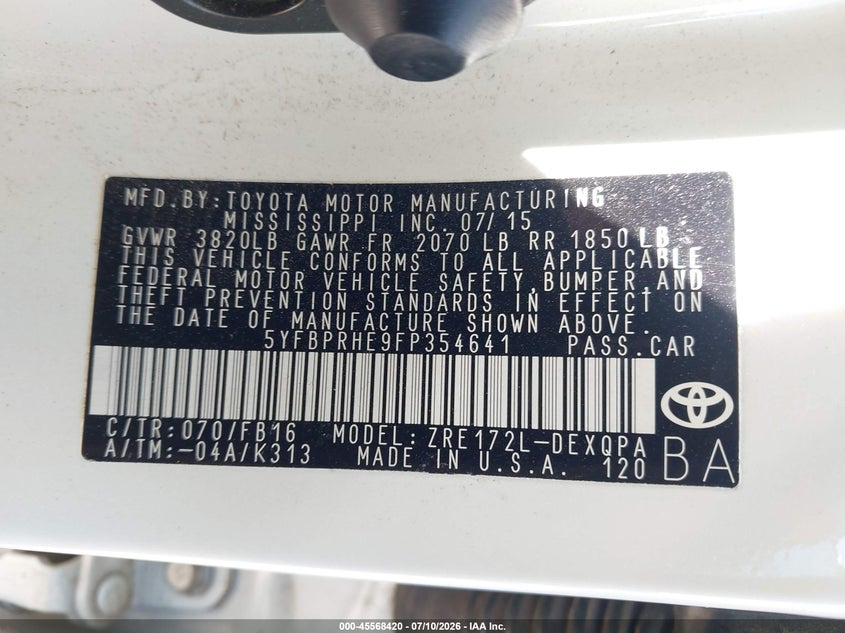 2015 Toyota Corolla VIN 5YFBPRHE9FP354641 IAAI salvage auction — FRONT END, Salvage Title, sold $3,350 on 2026-08-01 (photo 9)