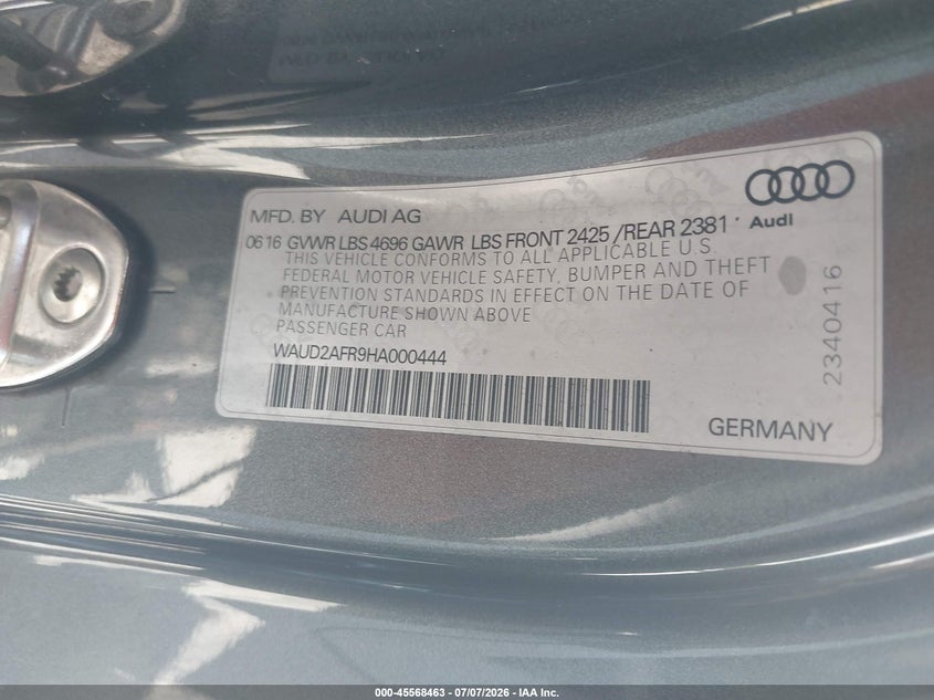 2017 Audi A5 VIN WAUD2AFR9HA000444 IAAI salvage auction — NORMAL WEAR, Salvage (Florida), sold $400 on 2026-07-30 (photo 9)