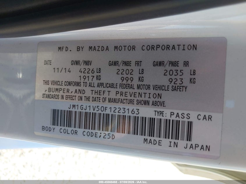 2015 Mazda 6 VIN JM1GJ1V50F1223163 IAAI salvage auction — REAR END, Salvage (California), sold $1,625 on 2026-07-28 (photo 9)