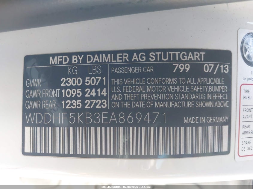 2014 Mercedes-benz E-klasse VIN WDDHF5KB3EA869471 IAAI salvage auction — REAR END, Wait Title, sold $2,250 on 2026-08-16 (photo 9)