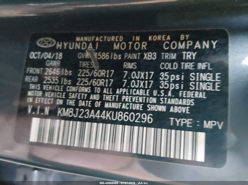 2019 Hyundai Tucson VIN KM8J23A44KU860296 IAAI salvage auction — FRONT END, Salvage (Arizona), sold $1,800 on 2026-07-28 (photo 9)