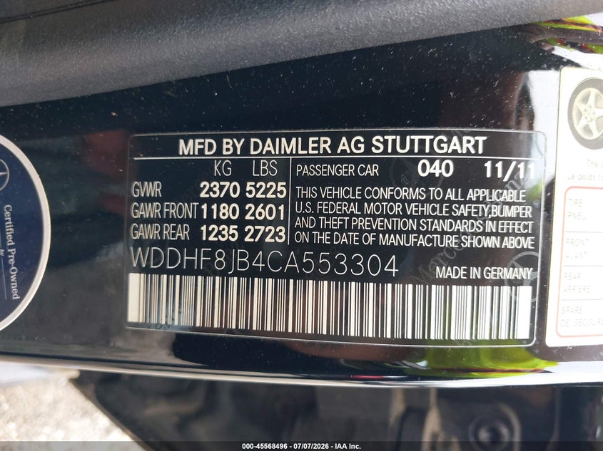 2012 Mercedes-benz E-klasse VIN WDDHF8JB4CA553304 IAAI salvage auction — NORMAL WEAR, Clear (Virginia), sold $1,650 on 2026-07-23 (photo 9)