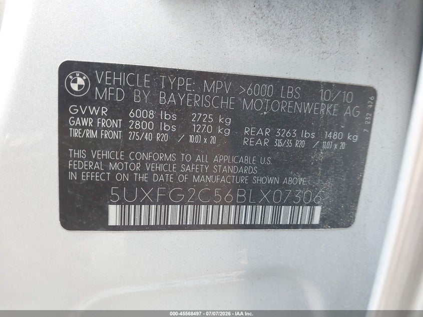 2011 BMW X6 VIN 5UXFG2C56BLX07306 IAAI salvage auction — FRONT END, Salvage (Virginia), sold $2,500 on 2026-07-28 (photo 9)