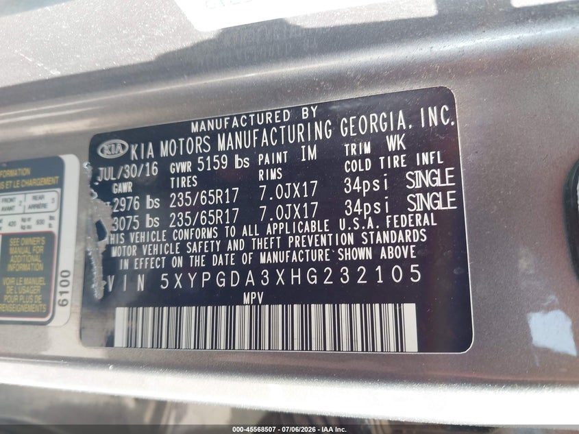 2017 Kia Sorento VIN 5XYPGDA3XHG232105 IAAI salvage auction — MECHANICAL, Regular (South Dakota), sold $1,450 on 2026-07-14 (photo 9)