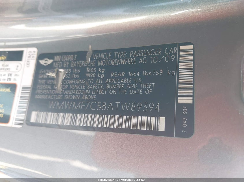 2010 Mini Cooper VIN WMWMF7C58ATW89394 IAAI salvage auction — FRONT END, Rebuildable (Florida), sold $375 on 2026-08-20 (photo 9)