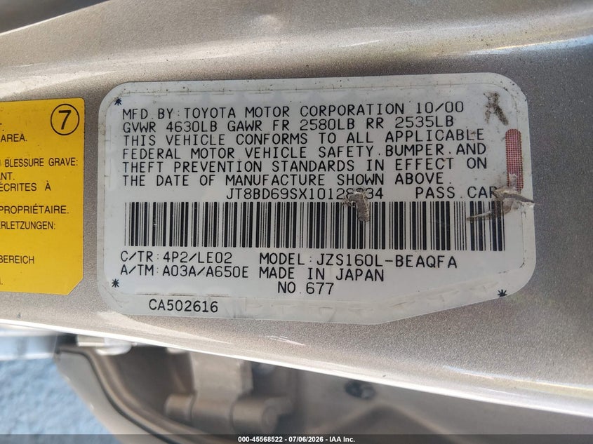 2001 Lexus Gs 300 VIN JT8BD69SX10128234 IAAI salvage auction — NORMAL WEAR, Clear - Dealer Only (California), sold $800 on 2026-07-29 (photo 9)