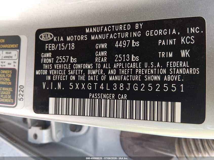 2018 Kia Optima VIN 5XXGT4L38JG252551 IAAI salvage auction — NORMAL WEAR, Salvage Title, sold $2,200 on 2026-07-14 (photo 9)