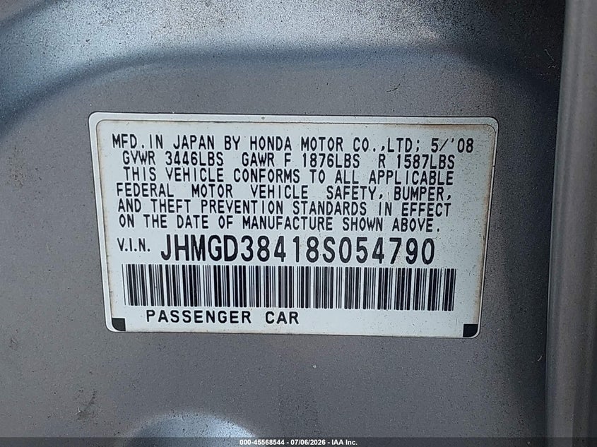 2008 Honda Fit VIN JHMGD38418S054790 IAAI salvage auction — NORMAL WEAR, Clear (Florida), sold $325 on 2026-07-29 (photo 9)