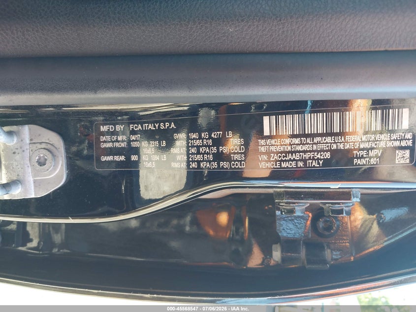 2017 Jeep Renegade VIN ZACCJAAB7HPF54206 IAAI salvage auction — NORMAL WEAR, Clear - Dealer Only (California), sold $1,050 on 2026-07-28 (photo 9)