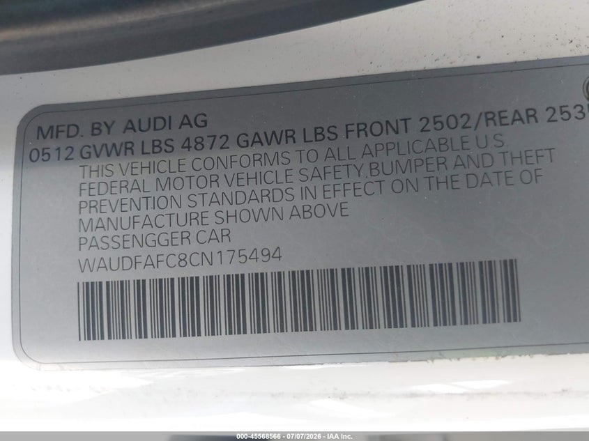 2012 Audi A6 VIN WAUDFAFC8CN175494 IAAI salvage auction — NORMAL WEAR, Salvage Title, sold $800 on 2026-07-16 (photo 9)