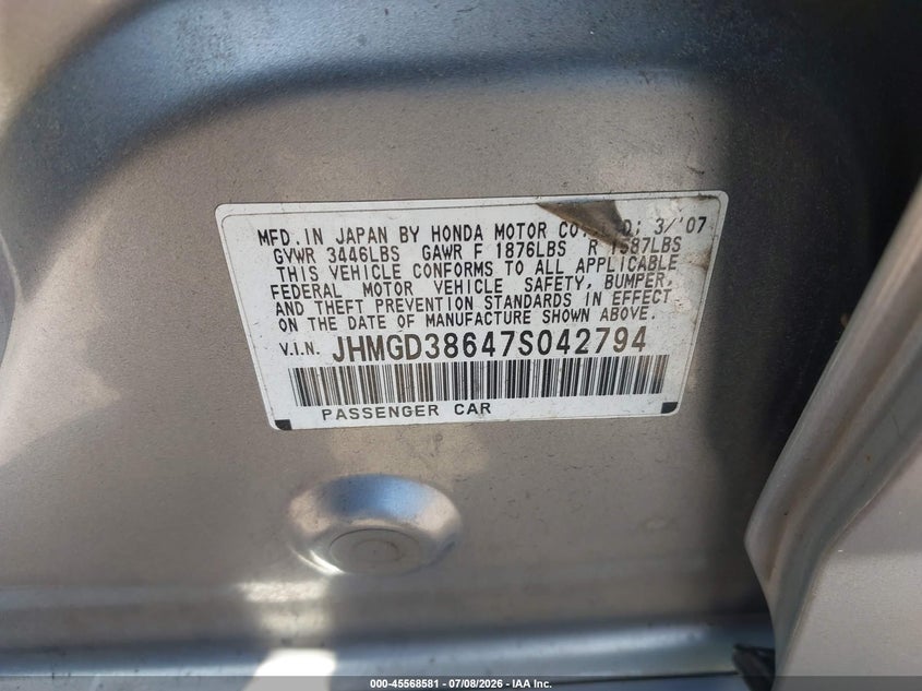 2007 Honda Fit VIN JHMGD38647S042794 IAAI salvage auction — SIDE, Salvage - Greater Than 75% (Maryland), sold $450 on 2026-08-01 (photo 9)
