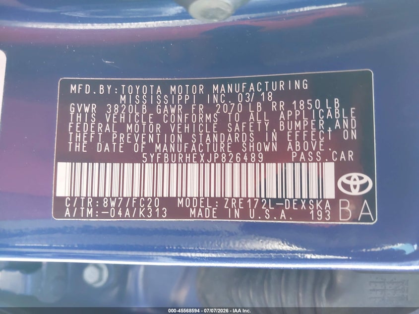 2018 Toyota Corolla VIN 5YFBURHEXJP826489 IAAI salvage auction — FRONT END, Rebuildable (Florida), sold $3,000 on 2026-07-23 (photo 9)
