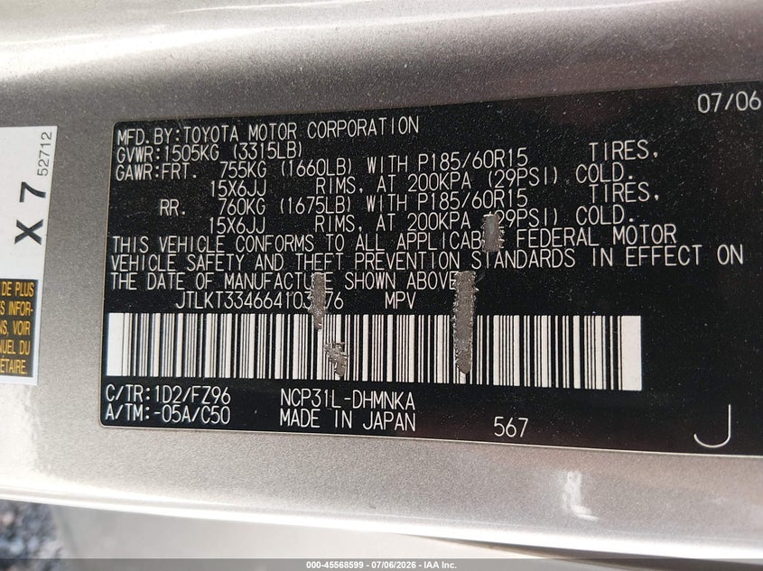 2006 Scion Xb VIN JTLKT334664103476 IAAI salvage auction — NORMAL WEAR, Regular (Nevada), sold $350 on 2026-07-24 (photo 9)