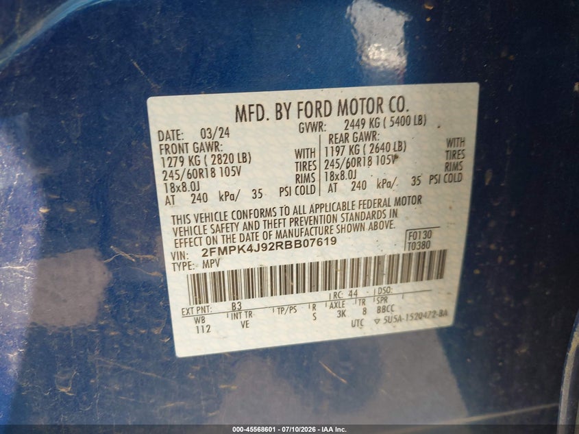 2024 Ford Edge VIN 2FMPK4J92RBB07619 IAAI salvage auction — RIGHT FRONT, Salvage (Ohio), sold $7,500 on 2026-08-18 (photo 9)