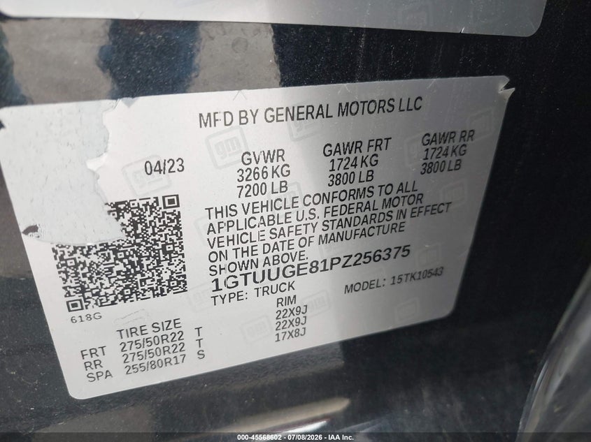 2023 Gmc SIERRA VIN 1GTUUGE81PZ256375 IAAI salvage auction — RIGHT SIDE, Salvage - Greater Than 75% (Maryland), sold $23,325 on 2026-08-19 (photo 9)