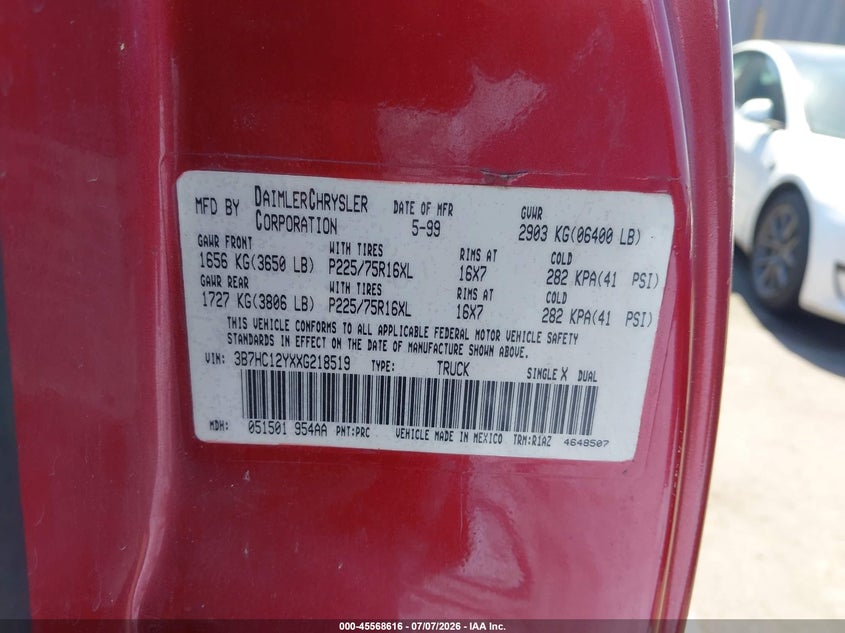 1999 Dodge Ram 1500 VIN 3B7HC12YXXG218519 IAAI salvage auction — NORMAL WEAR, Salvage Title - Dealer (California), sold $175 on 2026-07-09 (photo 9)