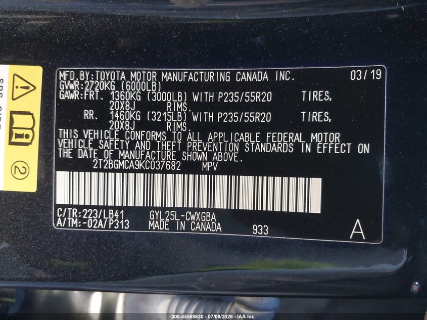 2019 Lexus Rx 450h VIN 2T2BGMCA9KC037682 IAAI salvage auction — LEFT FRONT, Clear-Dealer Only (Texas), sold $18,950 on 2026-07-29 (photo 9)
