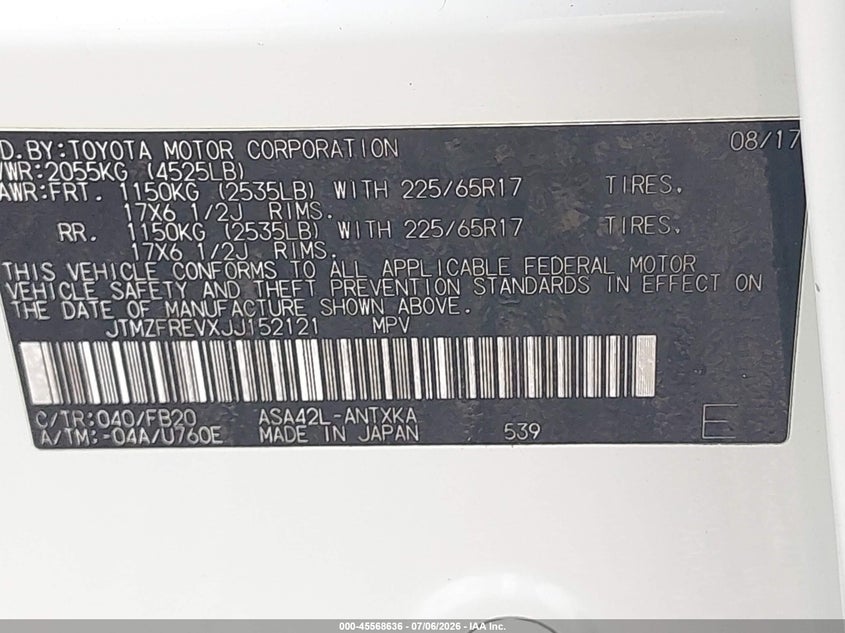 2018 Toyota Rav4 VIN JTMZFREVXJJ152121 IAAI salvage auction — NORMAL WEAR, Clear (Florida), sold $4,050 on 2026-07-23 (photo 9)