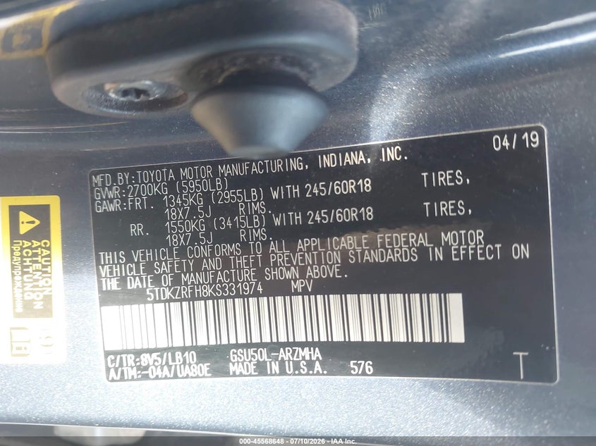 2019 Toyota Highlander VIN 5TDKZRFH8KS331974 IAAI salvage auction — FRONT END, Rebuildable (Florida), sold $7,100 on 2026-07-28 (photo 9)