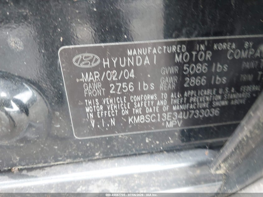 2004 Hyundai Santa fe VIN KM8SC13E34U733036 IAAI salvage auction — NORMAL WEAR, Clear (New York), sold $275 on 2026-07-28 (photo 9)