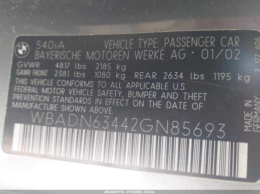2002 BMW 5 series VIN WBADN63442GN85693 IAAI salvage auction — REAR END, Salvage (California), sold $1,250 on 2026-08-18 (photo 9)