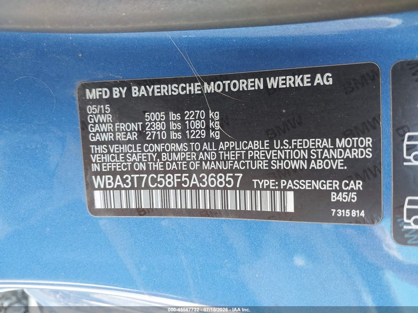 2015 BMW 4er VIN WBA3T7C58F5A36857 IAAI salvage auction — RIGHT REAR, Salvage (North Carolina), sold $4,950 on 2026-08-21 (photo 9)