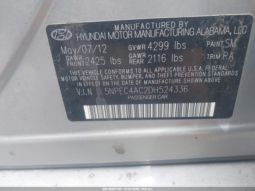 2013 Hyundai Sonata VIN 5NPEC4AC2DH524336 IAAI salvage auction — FRONT END, Salvage Title, sold $575 on 2026-07-29 (photo 9)