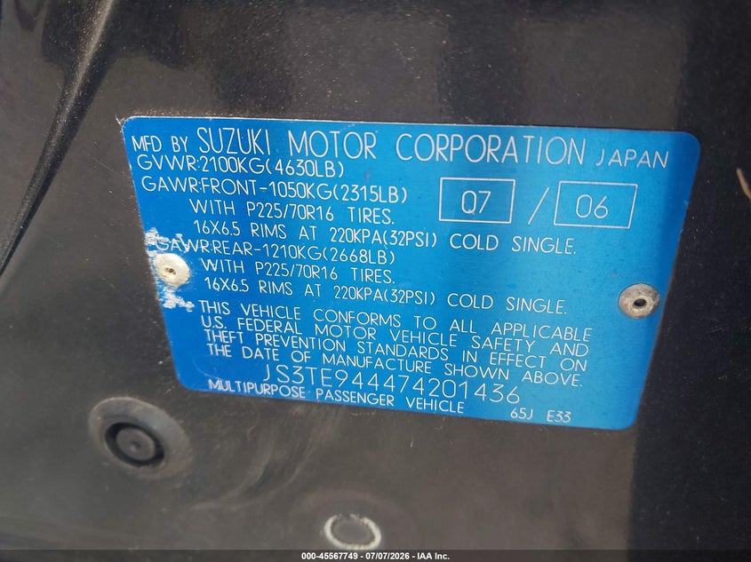 2007 Suzuki Grand vitara VIN JS3TE944474201436 IAAI salvage auction — NORMAL WEAR, Clear (Florida), sold $2,300 on 2026-07-09 (photo 9)