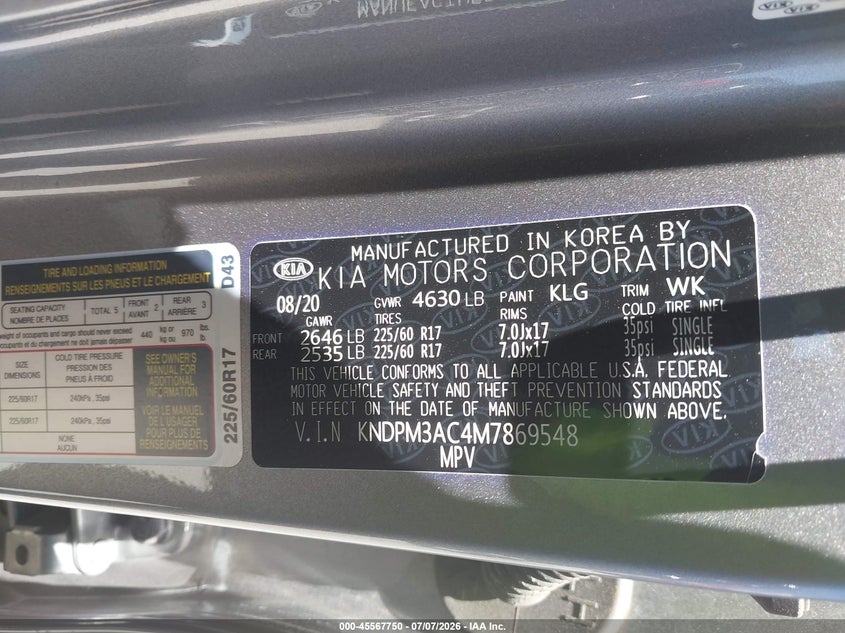 2021 Kia Sportage VIN KNDPM3AC4M7869548 IAAI salvage auction — REAR END, Wait Title, sold $3,450 on 2026-08-02 (photo 9)