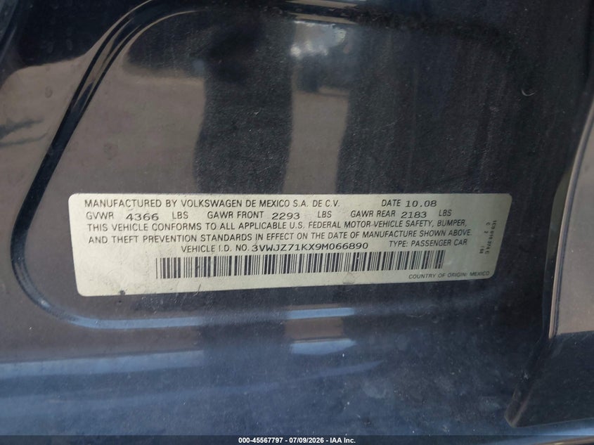 2009 Volkswagen Jetta VIN 3VWJZ71KX9M066890 IAAI salvage auction — RIGHT REAR, Salvage Certificate (California), sold $325 on 2026-08-14 (photo 9)