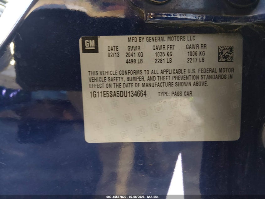 2013 Chevrolet Malibu VIN 1G11E5SA5DU134664 IAAI salvage auction — NORMAL WEAR, Salvage Title, sold $400 on 2026-07-24 (photo 9)