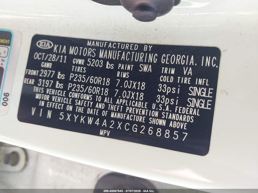 2012 Kia Sorento VIN 5XYKW4A2XCG268857 IAAI salvage auction — NORMAL WEAR, Clear (Illinois), sold $2,350 on 2026-07-13 (photo 9)
