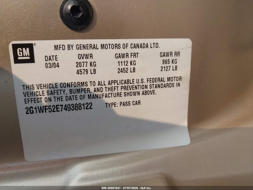 2004 Chevrolet Impala VIN 2G1WF52E749388122 IAAI salvage auction — FRONT END, Bill Of Sale (Colorado), sold $450 on 2026-07-25 (photo 9)