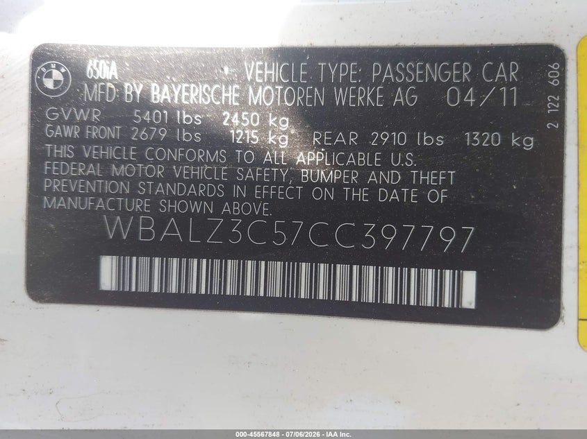 2012 BMW 6er VIN WBALZ3C57CC397797 IAAI salvage auction — NORMAL WEAR, Salvage Title, sold $2,000 on 2026-07-15 (photo 9)