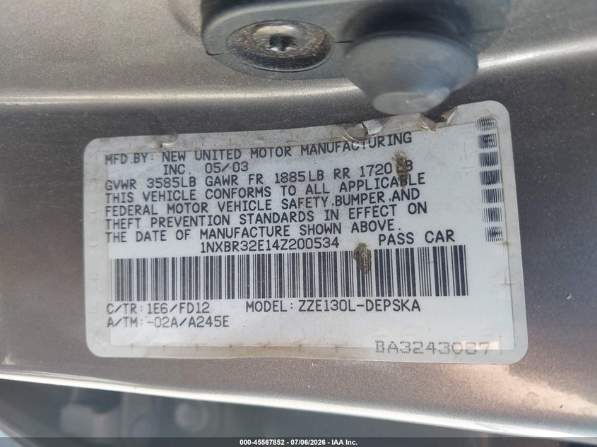 2004 Toyota Corolla VIN 1NXBR32E14Z200534 IAAI salvage auction — NORMAL WEAR, Clear - Dealer Only (California), sold $875 on 2026-08-02 (photo 9)