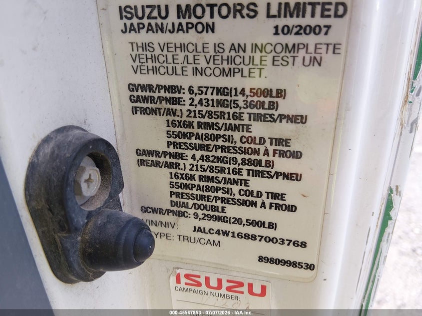 2008 Isuzu Dsl reg VIN JALC4W16887003768 IAAI salvage auction — FRONT END, Clear (Virginia), sold $2,250 on 2026-07-09 (photo 8)